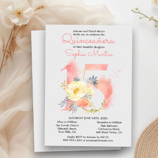 Blush Pink Quinceanera und Mass Floral Nummer 15 Einladung