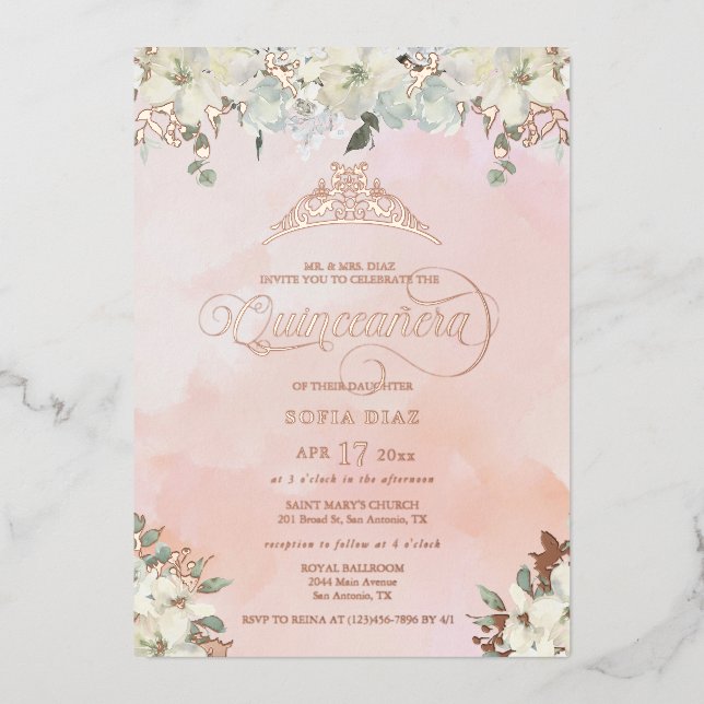 Blush Pink Quinceñera Blues Folieneinladung (Vorderseite)