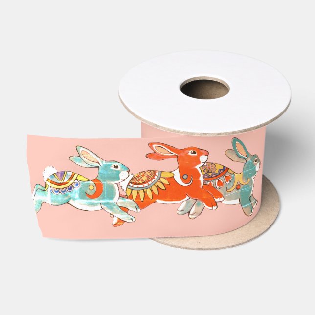 Blush Pink Rabbit Bunny Folk Art Tribal Muster Satinband (Spule)