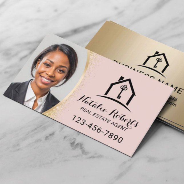 Blush Pink Real Estate Agent Modern Gold Photo Visitenkarte (Von Creator hochgeladen)