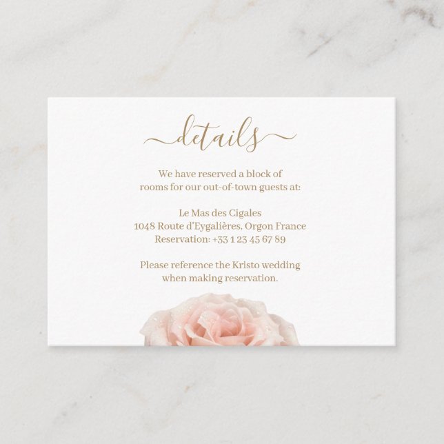Blush Pink Realistische Rose Wedding Hotel Detail Begleitkarte (Vorderseite)