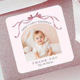 Blush Pink Red Bow Birthday Thank You Quadratischer Aufkleber