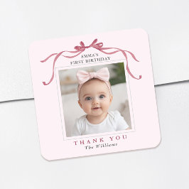 Blush Pink Red Bow Birthday Thank You  Quadratischer Aufkleber