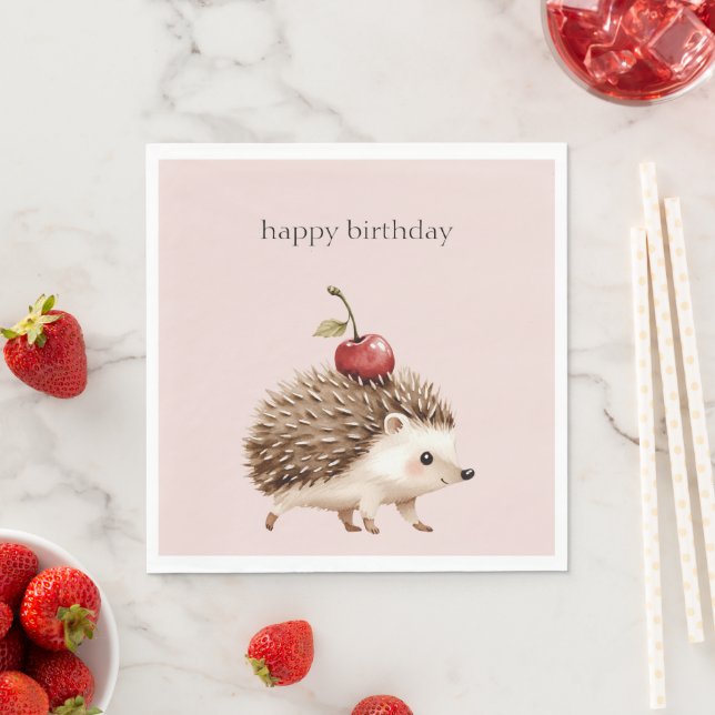 Blush Pink Red Cherry Adorable Hedgehog Birthday Serviette (Beispiel)