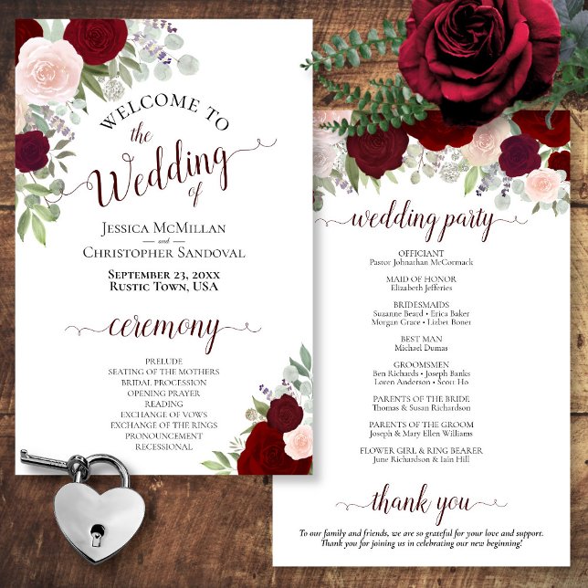 Blush Pink & Red Floral Budget Hochzeitsprogramm (In Situ Front and Back)