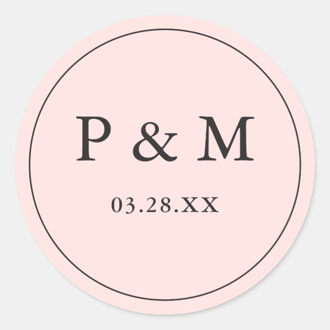 Blush Pink Rett Date Monogram Chic Wedding Stilvol Runder Aufkleber (Vorderseite)