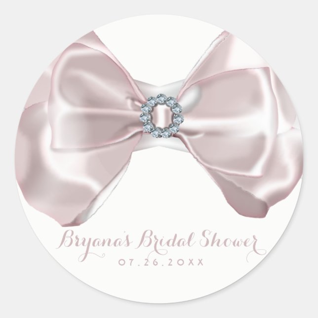 Blush Pink Ribbon & Diamonds Brautparty Chic Runder Aufkleber (Vorderseite)