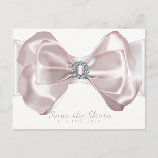 Blush Pink Ribbon & Diamonds Save the Date elegant Ankündigungspostkarte (Vorderseite)