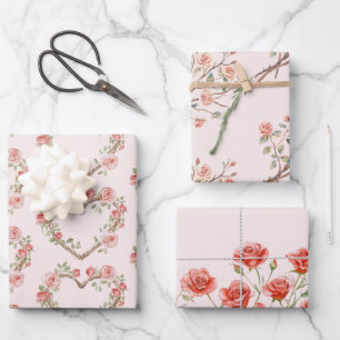 Blush Pink Romantische Rote Rose Blumenkohl Hochze Geschenkpapier Set