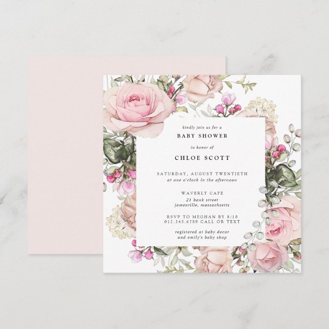 Blush Pink Rose Bläschen Girl Babydusche Einladung (Vorne/Hinten)