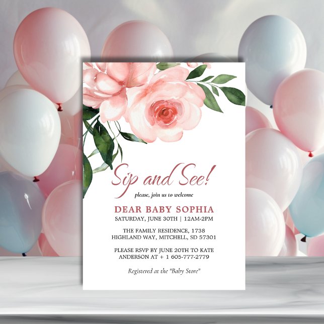 Blush Pink Rose Bloral Baby Duschsippe und sehen Einladung (Blush Pink Rose Floral Baby Shower Sip and See Invitation)