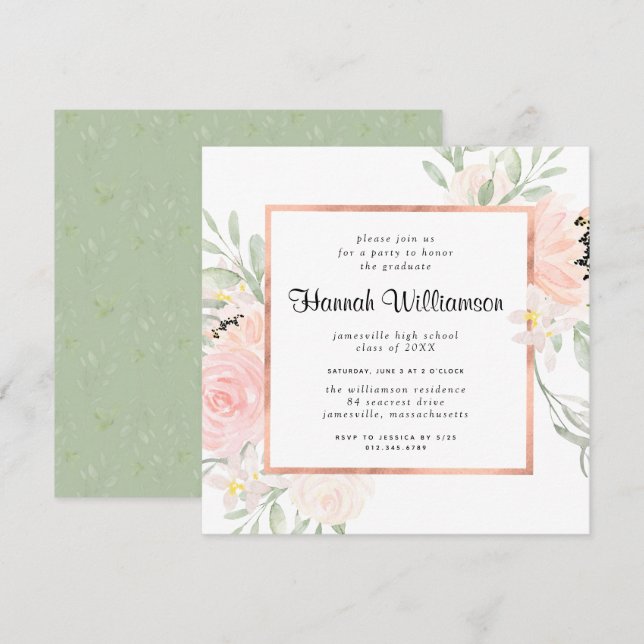 Blush Pink Rose Bloral Graduation Party Einladung (Vorne/Hinten)