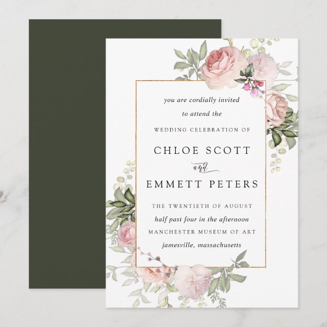 Blush Pink Rose Bloral Hochzeitseinladung Einladung (Vorne/Hinten)