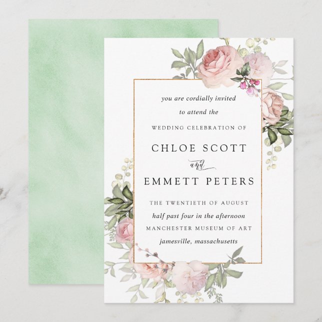 Blush Pink Rose Bloral Hochzeitseinladung Einladung (Vorne/Hinten)