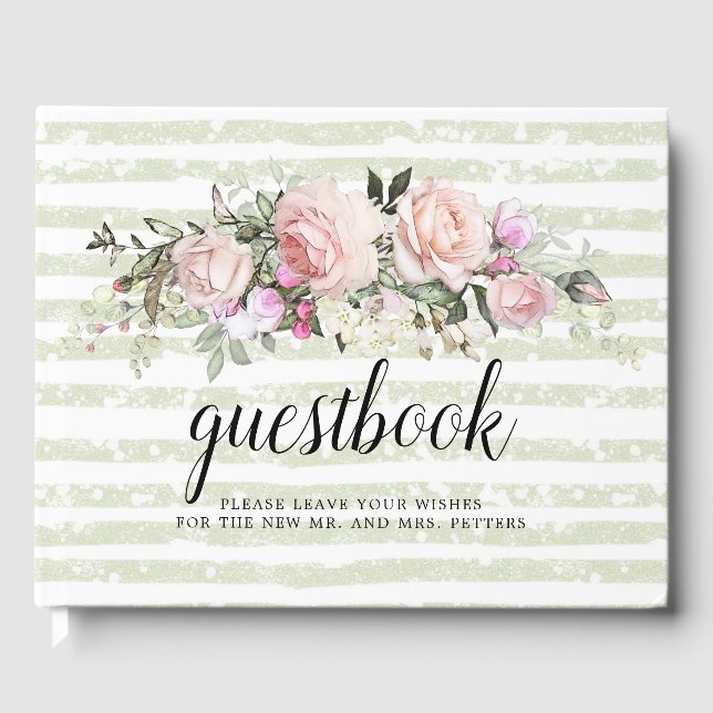 Blush Pink Rose Blues und Stripe Wedding Gästebuch (Vorderseite)