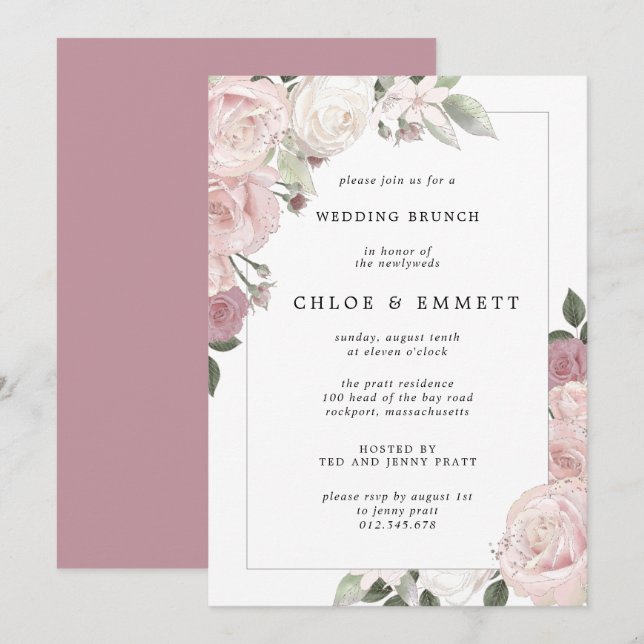 Blush Pink Rose Blumenbrunch Einladung (Vorne/Hinten)