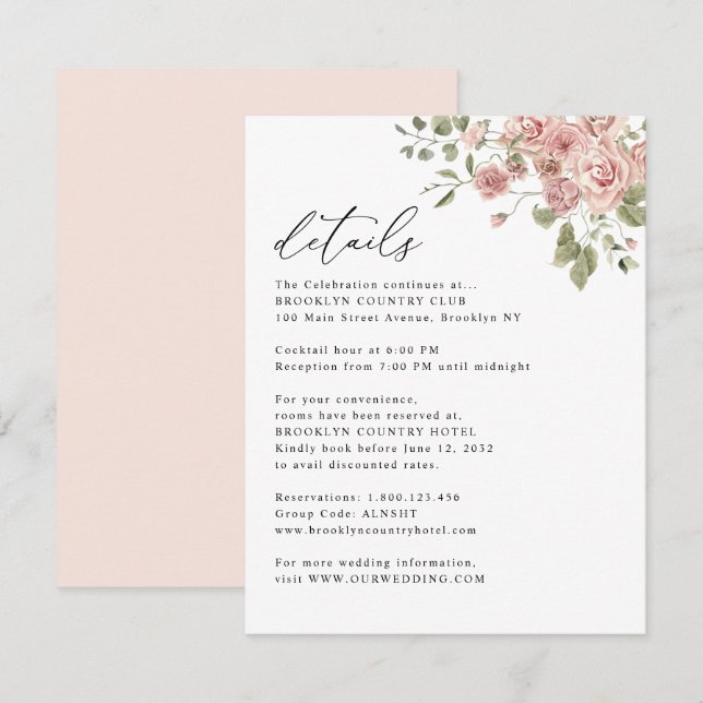 Blush Pink Rose Blumeninformationen Hochzeiten Begleitkarte (Vorne/Hinten)