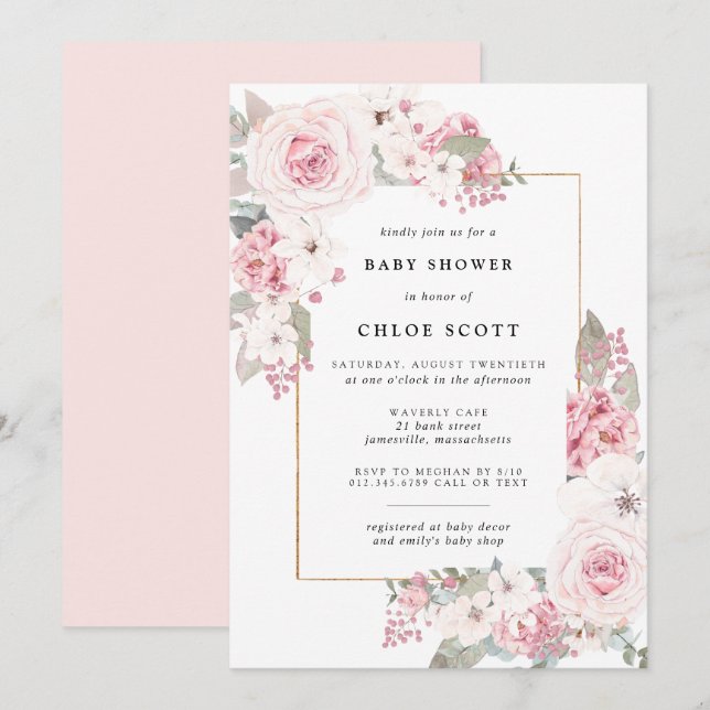 Blush Pink Rose Blumenspülung Baby Dusche Einladung (Vorne/Hinten)