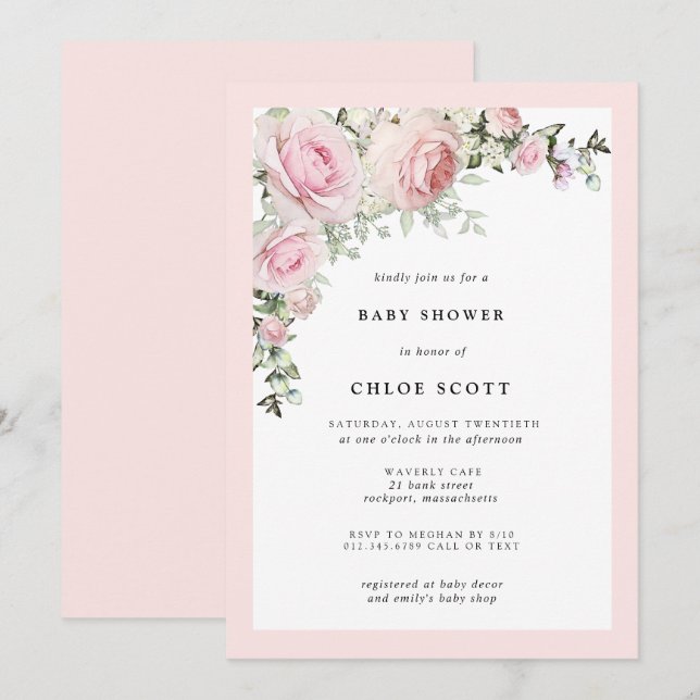 Blush Pink Rose Blumenspülung Baby Dusche Einladung (Vorne/Hinten)