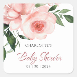 Blush Pink Rose Blumenspülung Baby Dusche Quadratischer Aufkleber