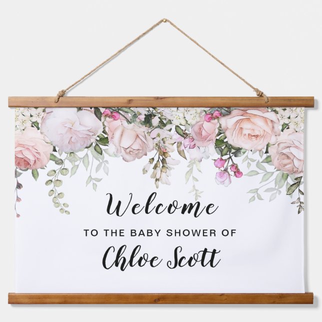 Blush Pink Rose Blumenspülung Begrüßung Wandteppich Mit Holzrahmen (Vorne)
