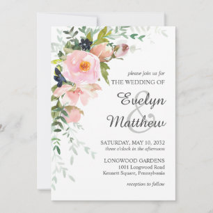 Blush Pink Rose Blumenstrauß auf weißer Hochzeit Einladung