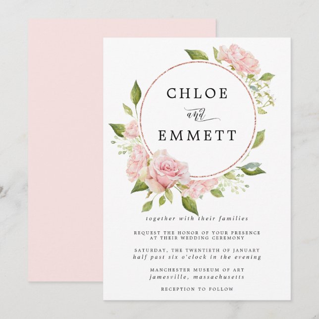 Blush Pink Rose Botanischer Kranz Hochzeit Einladung (Vorne/Hinten)