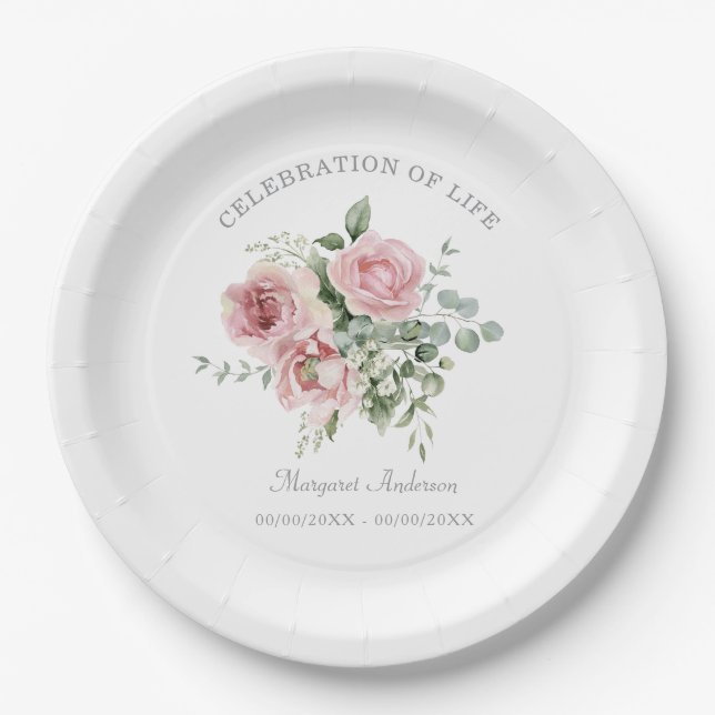 Blush Pink Rose Celebration of Life Pappteller (Vorderseite)