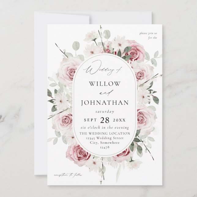 Blush Pink Rose & Eucalylptus Floral Wedding Einladung (Vorderseite)