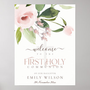 BLUSH PINK ROSE FLORA ERSTE HOLY COMMUNION WILLKOM POSTER