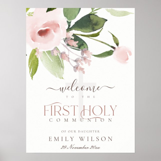 BLUSH PINK ROSE FLORA ERSTE HOLY COMMUNION WILLKOM POSTER (Vorne)
