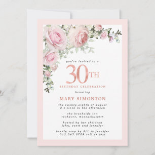 Blush Pink Rose Floral 30. Geburtstag Party Einladung