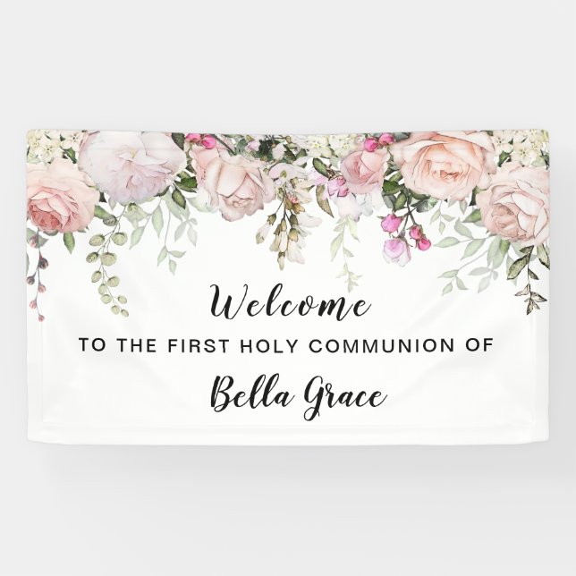 Blush Pink Rose Floral Erste Kommune Willkommen Banner (Horizontal)