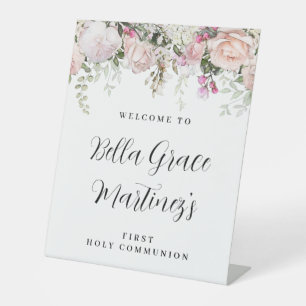 Blush Pink Rose Floral Erste Kommune Willkommen Sockelschild