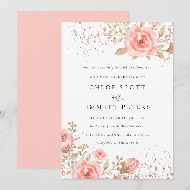 Blush Pink Rose Floral Gold Blätter Einladung (Vorne/Hinten)