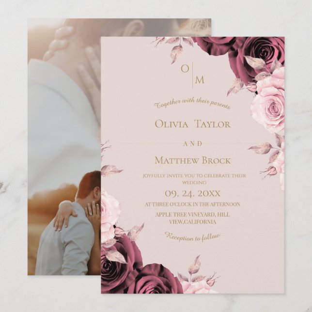 Blush Pink Rose Floral Wedding  Einladung (Vorne/Hinten)