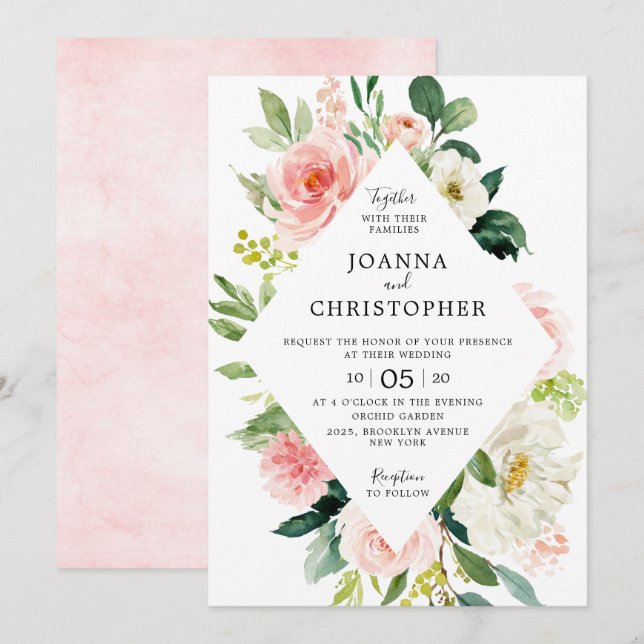 Blush Pink Rose Florals Moderne geometrische Hochz Einladung (Vorne/Hinten)