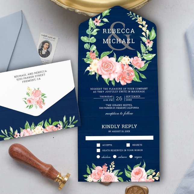 Blush Pink Rose Garland Navy Blue Wedding All In One Einladung (Von Creator hochgeladen)