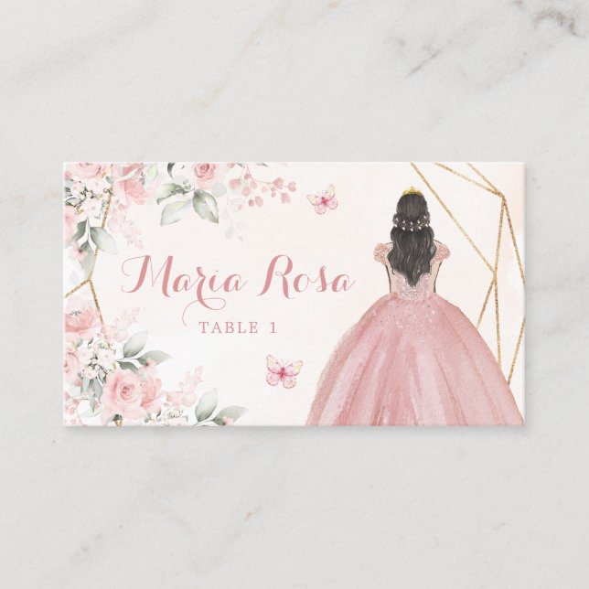 Blush Pink Rose Geometrie Blumenquinceñera Platzkarte (Vorderseite)