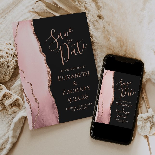 Blush Pink Rose Gold Agate Save the Date Card (Von Creator hochgeladen)