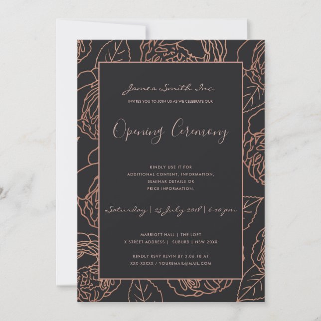 BLUSH PINK ROSE GOLD BLACK FLORAL ÖFFNUNGSZEREMONI EINLADUNG (Vorderseite)