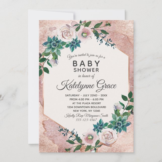 Blush Pink Rose Gold Bläserne Baby Dusche Einladun Einladung (Vorderseite)