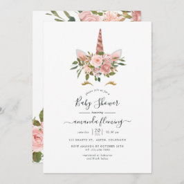 Blush Pink & Rose Gold Bläsernicorn Kinderdusche Einladung