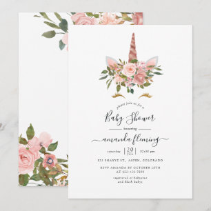 Blush Pink & Rose Gold Bläsernicorn Kinderdusche Einladung