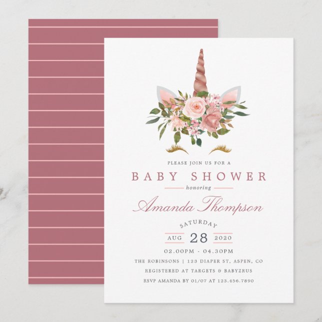 Blush Pink & Rose Gold Bläsernicorn Kinderdusche Einladung (Vorne/Hinten)