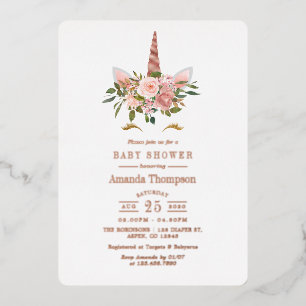 Blush Pink & Rose Gold Bläsernicorn Kinderdusche Folieneinladung