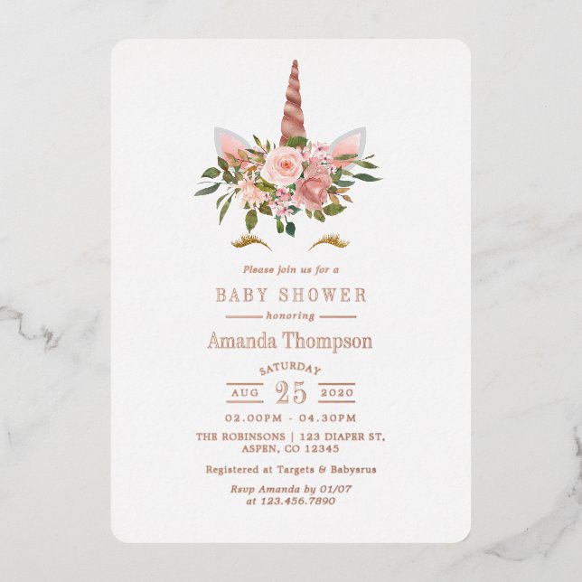 Blush Pink & Rose Gold Bläsernicorn Kinderdusche Folieneinladung (Vorderseite)