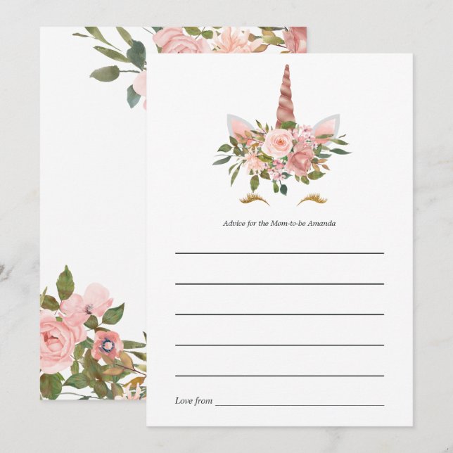 Blush Pink & Rose Gold Bläsernicorn Kinderdusche Hinweiskarte (Vorne/Hinten)