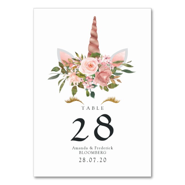 Blush Pink & Rose Gold Bläsernicorn Kinderdusche Tischnummer (Vorderseite)