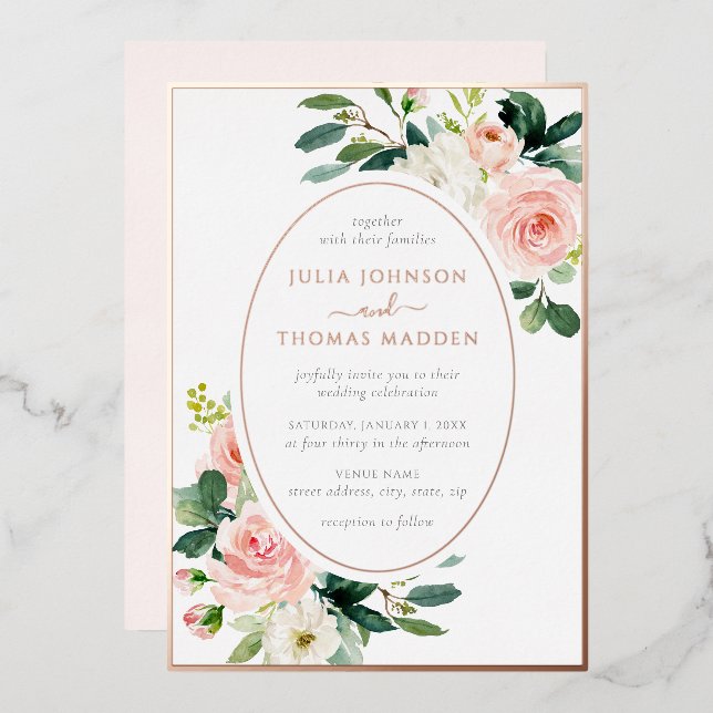 Blush Pink Rose Gold Blumenrahmen Hochzeit Folieneinladung (Vorderseite/Rückseite)